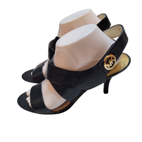 Michael Kors Dark Navy Black Leather Open Toe High Heel Strappy MK Logo Size 9.5 - Picture 1 of 11